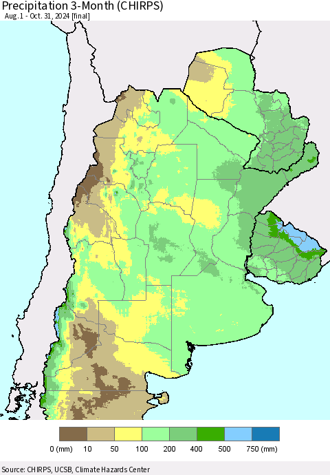 Southern South America Precipitation 3-Month (CHIRPS) Thematic Map For 8/1/2024 - 10/31/2024
