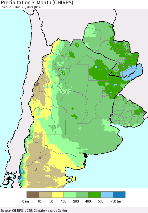 Southern South America Precipitation 3-Month (CHIRPS) Thematic Map For 9/26/2024 - 12/25/2024