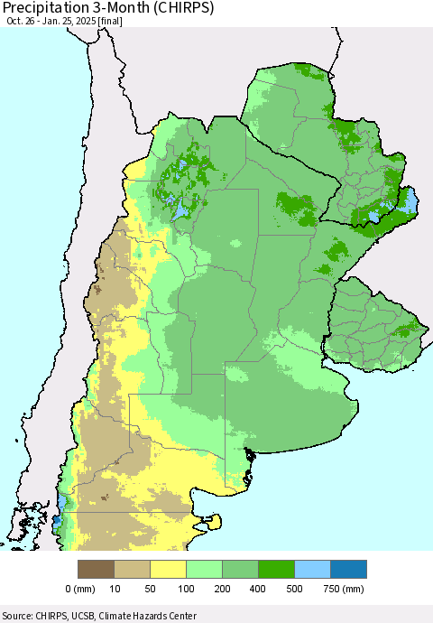 Southern South America Precipitation 3-Month (CHIRPS) Thematic Map For 10/26/2024 - 1/25/2025