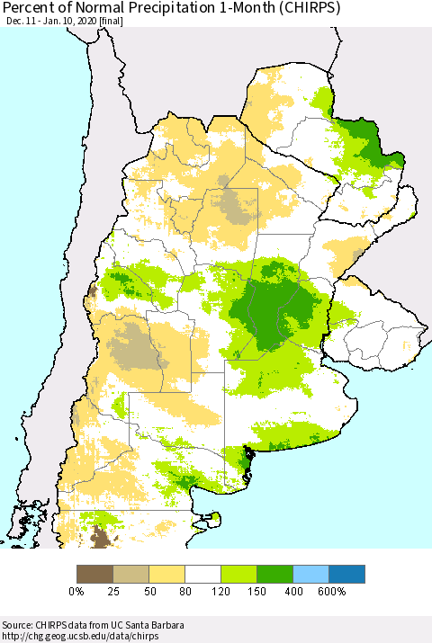 Southern South America Percent of Normal Precipitation 1-Month (CHIRPS) Thematic Map For 12/11/2019 - 1/10/2020