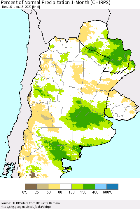 Southern South America Percent of Normal Precipitation 1-Month (CHIRPS) Thematic Map For 12/16/2019 - 1/15/2020