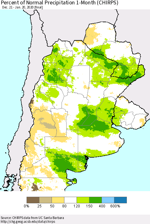 Southern South America Percent of Normal Precipitation 1-Month (CHIRPS) Thematic Map For 12/21/2019 - 1/20/2020