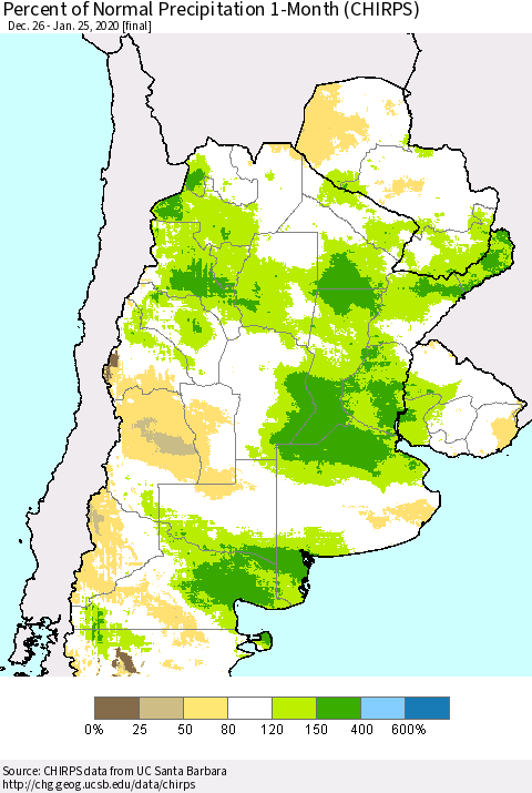 Southern South America Percent of Normal Precipitation 1-Month (CHIRPS) Thematic Map For 12/26/2019 - 1/25/2020