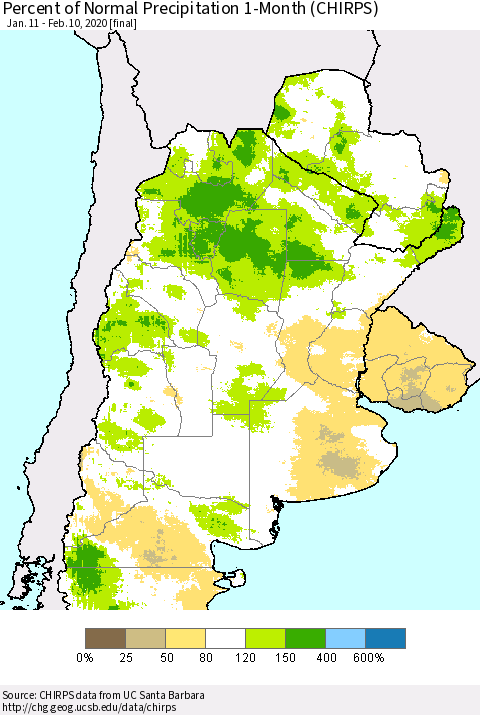 Southern South America Percent of Normal Precipitation 1-Month (CHIRPS) Thematic Map For 1/11/2020 - 2/10/2020
