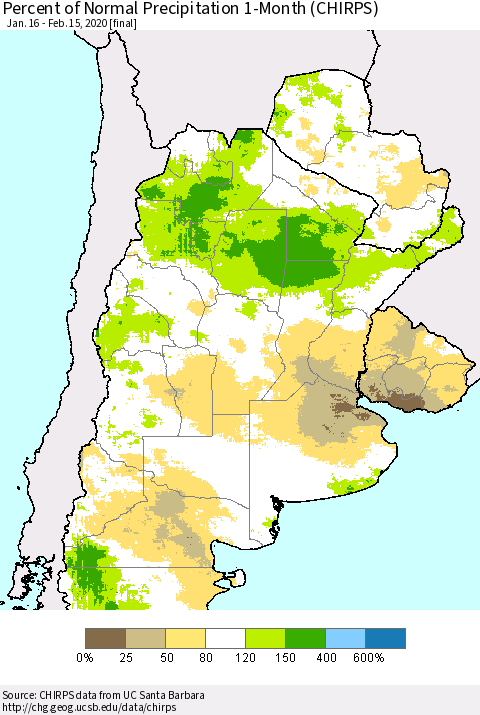 Southern South America Percent of Normal Precipitation 1-Month (CHIRPS) Thematic Map For 1/16/2020 - 2/15/2020