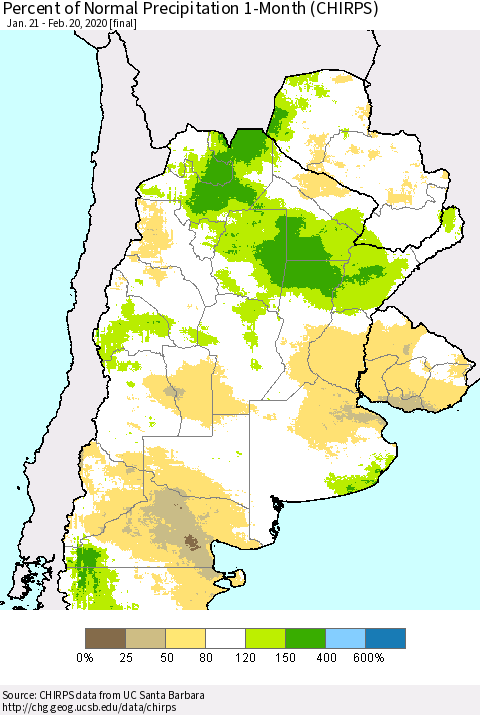 Southern South America Percent of Normal Precipitation 1-Month (CHIRPS) Thematic Map For 1/21/2020 - 2/20/2020