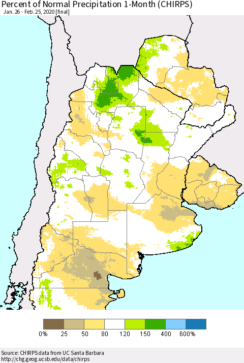 Southern South America Percent of Normal Precipitation 1-Month (CHIRPS) Thematic Map For 1/26/2020 - 2/25/2020