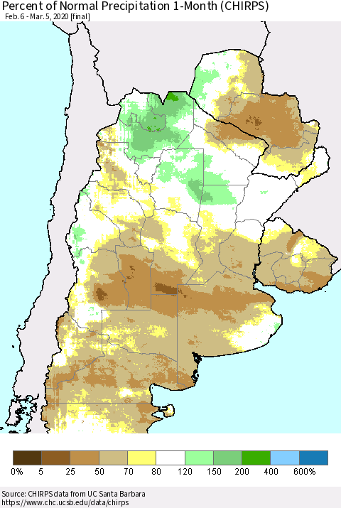 Southern South America Percent of Normal Precipitation 1-Month (CHIRPS) Thematic Map For 2/6/2020 - 3/5/2020