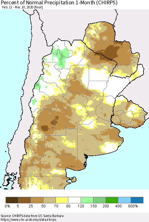 Southern South America Percent of Normal Precipitation 1-Month (CHIRPS) Thematic Map For 2/11/2020 - 3/10/2020