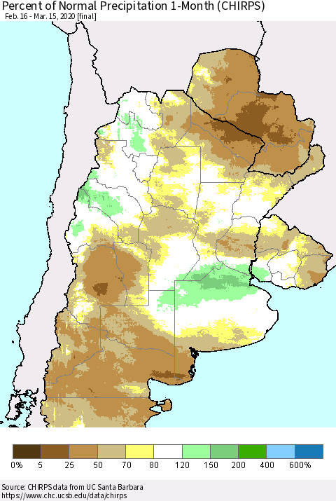 Southern South America Percent of Normal Precipitation 1-Month (CHIRPS) Thematic Map For 2/16/2020 - 3/15/2020