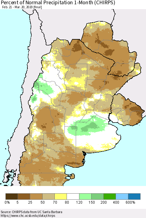 Southern South America Percent of Normal Precipitation 1-Month (CHIRPS) Thematic Map For 2/21/2020 - 3/20/2020