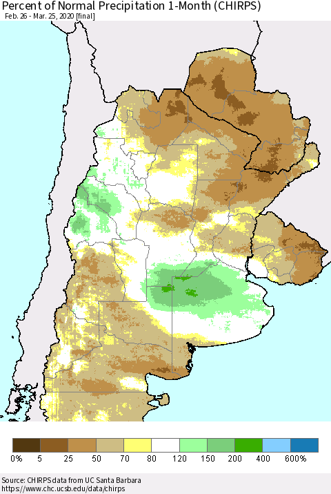 Southern South America Percent of Normal Precipitation 1-Month (CHIRPS) Thematic Map For 2/26/2020 - 3/25/2020