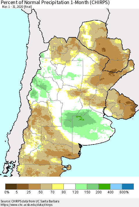 Southern South America Percent of Normal Precipitation 1-Month (CHIRPS) Thematic Map For 3/1/2020 - 3/31/2020