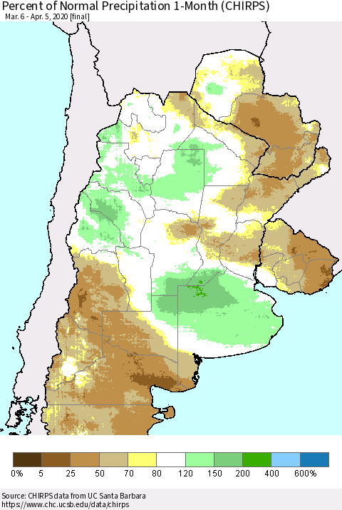 Southern South America Percent of Normal Precipitation 1-Month (CHIRPS) Thematic Map For 3/6/2020 - 4/5/2020