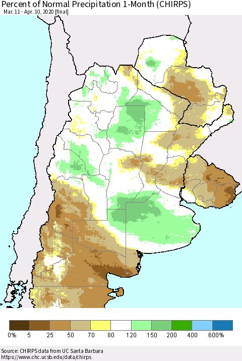Southern South America Percent of Normal Precipitation 1-Month (CHIRPS) Thematic Map For 3/11/2020 - 4/10/2020