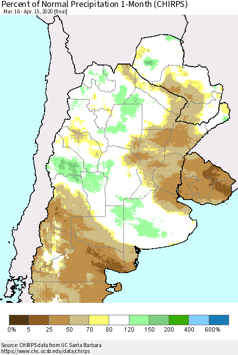 Southern South America Percent of Normal Precipitation 1-Month (CHIRPS) Thematic Map For 3/16/2020 - 4/15/2020