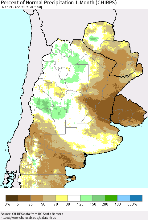 Southern South America Percent of Normal Precipitation 1-Month (CHIRPS) Thematic Map For 3/21/2020 - 4/20/2020