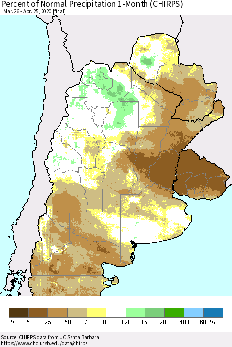 Southern South America Percent of Normal Precipitation 1-Month (CHIRPS) Thematic Map For 3/26/2020 - 4/25/2020