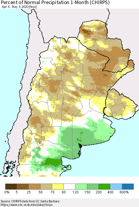 Southern South America Percent of Normal Precipitation 1-Month (CHIRPS) Thematic Map For 4/6/2020 - 5/5/2020