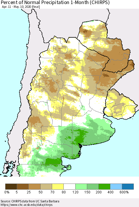 Southern South America Percent of Normal Precipitation 1-Month (CHIRPS) Thematic Map For 4/11/2020 - 5/10/2020