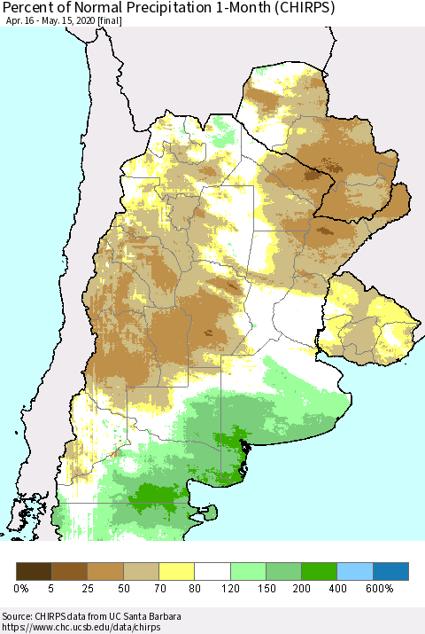 Southern South America Percent of Normal Precipitation 1-Month (CHIRPS) Thematic Map For 4/16/2020 - 5/15/2020