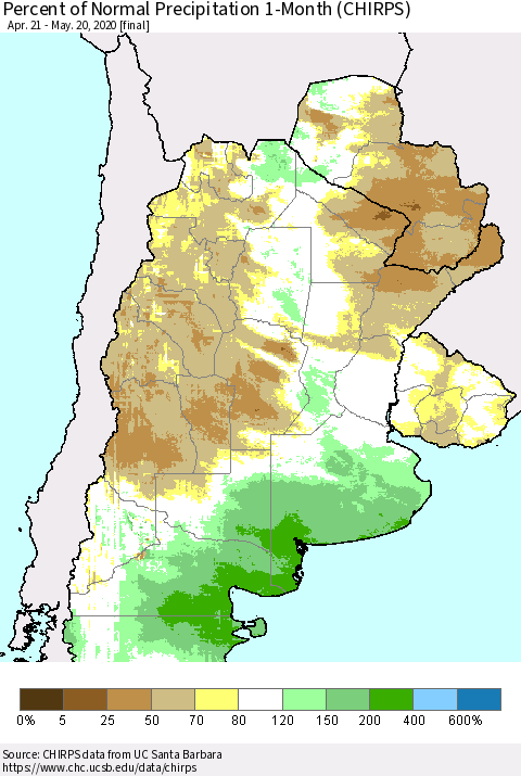 Southern South America Percent of Normal Precipitation 1-Month (CHIRPS) Thematic Map For 4/21/2020 - 5/20/2020