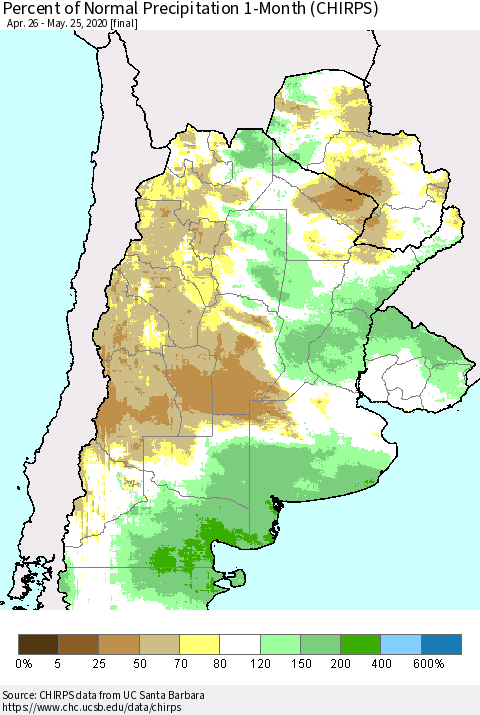 Southern South America Percent of Normal Precipitation 1-Month (CHIRPS) Thematic Map For 4/26/2020 - 5/25/2020