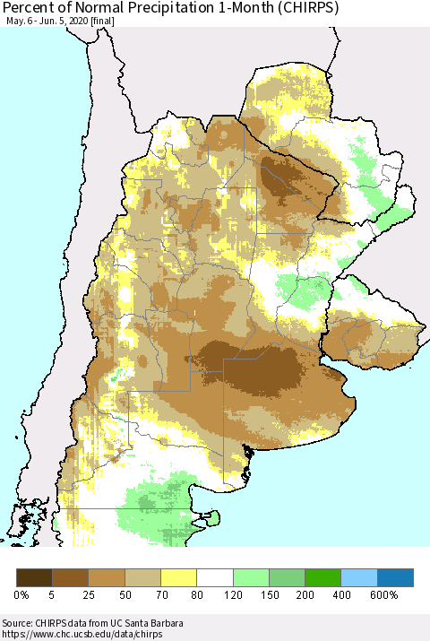 Southern South America Percent of Normal Precipitation 1-Month (CHIRPS) Thematic Map For 5/6/2020 - 6/5/2020