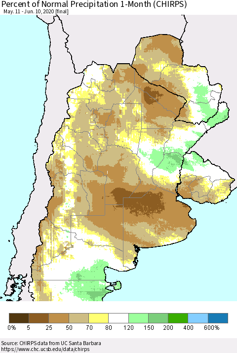 Southern South America Percent of Normal Precipitation 1-Month (CHIRPS) Thematic Map For 5/11/2020 - 6/10/2020