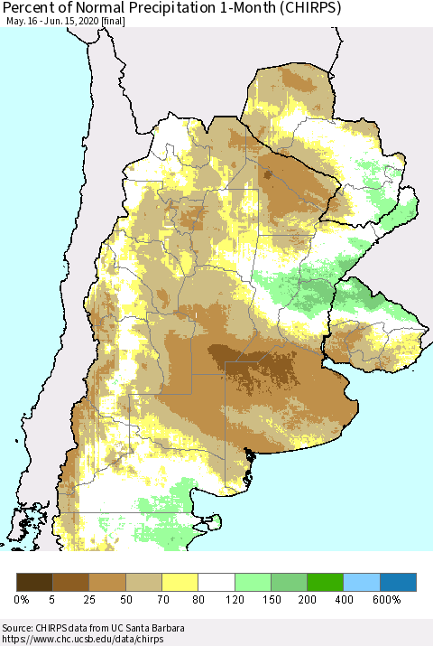 Southern South America Percent of Normal Precipitation 1-Month (CHIRPS) Thematic Map For 5/16/2020 - 6/15/2020