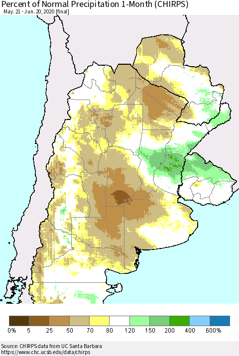 Southern South America Percent of Normal Precipitation 1-Month (CHIRPS) Thematic Map For 5/21/2020 - 6/20/2020