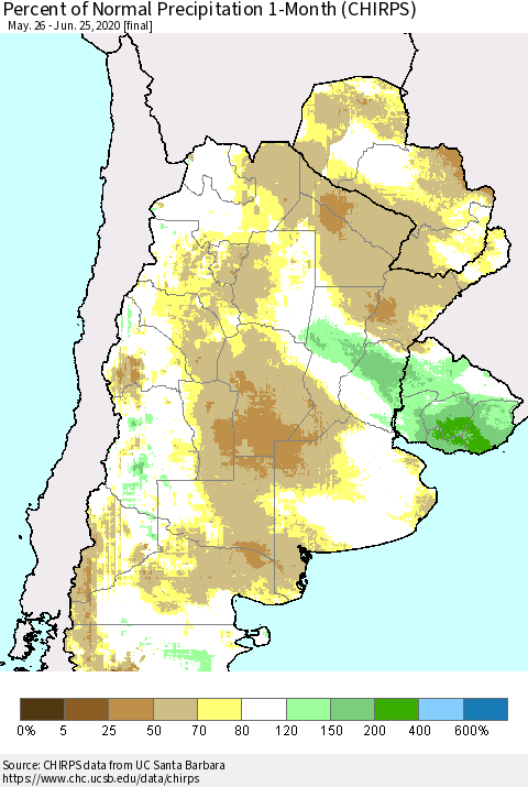 Southern South America Percent of Normal Precipitation 1-Month (CHIRPS) Thematic Map For 5/26/2020 - 6/25/2020