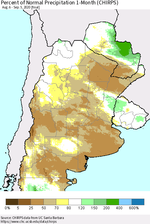 Southern South America Percent of Normal Precipitation 1-Month (CHIRPS) Thematic Map For 8/6/2020 - 9/5/2020