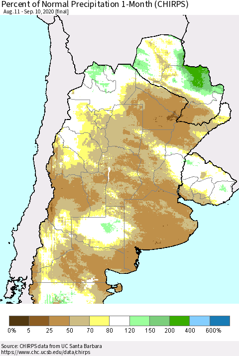 Southern South America Percent of Normal Precipitation 1-Month (CHIRPS) Thematic Map For 8/11/2020 - 9/10/2020