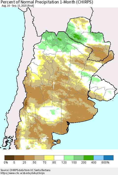 Southern South America Percent of Normal Precipitation 1-Month (CHIRPS) Thematic Map For 8/16/2020 - 9/15/2020