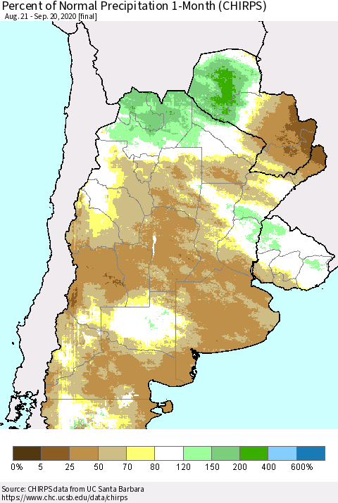 Southern South America Percent of Normal Precipitation 1-Month (CHIRPS) Thematic Map For 8/21/2020 - 9/20/2020