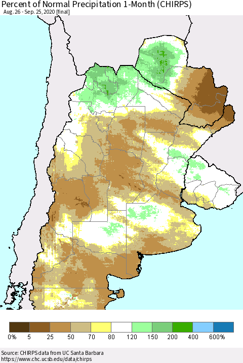 Southern South America Percent of Normal Precipitation 1-Month (CHIRPS) Thematic Map For 8/26/2020 - 9/25/2020