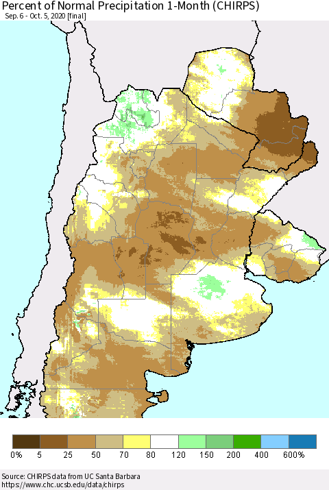 Southern South America Percent of Normal Precipitation 1-Month (CHIRPS) Thematic Map For 9/6/2020 - 10/5/2020