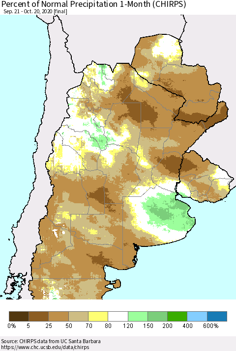 Southern South America Percent of Normal Precipitation 1-Month (CHIRPS) Thematic Map For 9/21/2020 - 10/20/2020