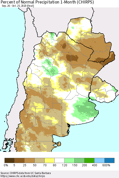 Southern South America Percent of Normal Precipitation 1-Month (CHIRPS) Thematic Map For 9/26/2020 - 10/25/2020