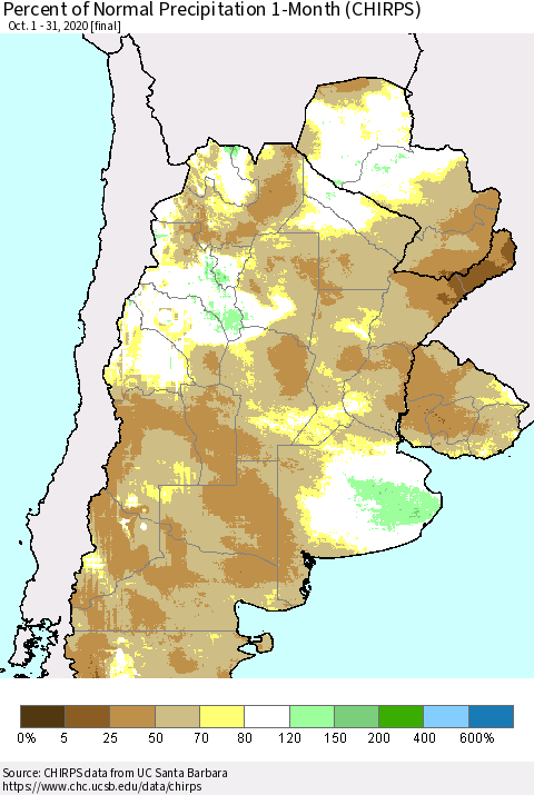 Southern South America Percent of Normal Precipitation 1-Month (CHIRPS) Thematic Map For 10/1/2020 - 10/31/2020