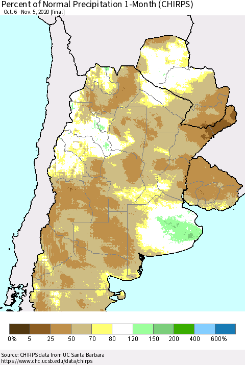 Southern South America Percent of Normal Precipitation 1-Month (CHIRPS) Thematic Map For 10/6/2020 - 11/5/2020
