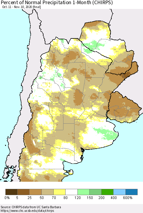 Southern South America Percent of Normal Precipitation 1-Month (CHIRPS) Thematic Map For 10/11/2020 - 11/10/2020