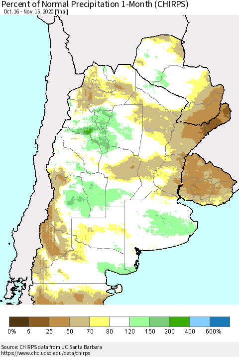 Southern South America Percent of Normal Precipitation 1-Month (CHIRPS) Thematic Map For 10/16/2020 - 11/15/2020