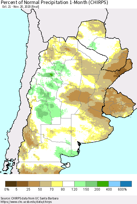 Southern South America Percent of Normal Precipitation 1-Month (CHIRPS) Thematic Map For 10/21/2020 - 11/20/2020