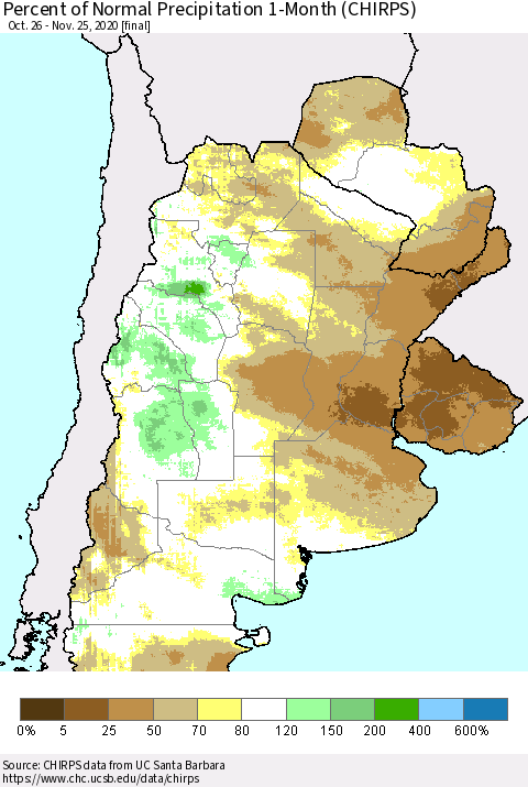 Southern South America Percent of Normal Precipitation 1-Month (CHIRPS) Thematic Map For 10/26/2020 - 11/25/2020
