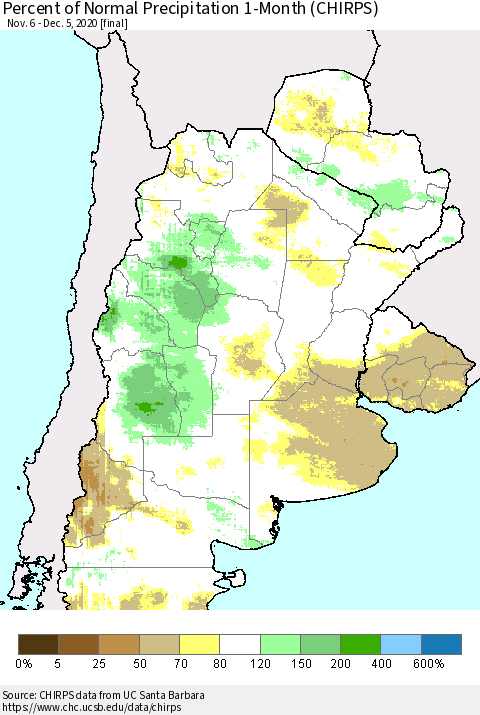 Southern South America Percent of Normal Precipitation 1-Month (CHIRPS) Thematic Map For 11/6/2020 - 12/5/2020