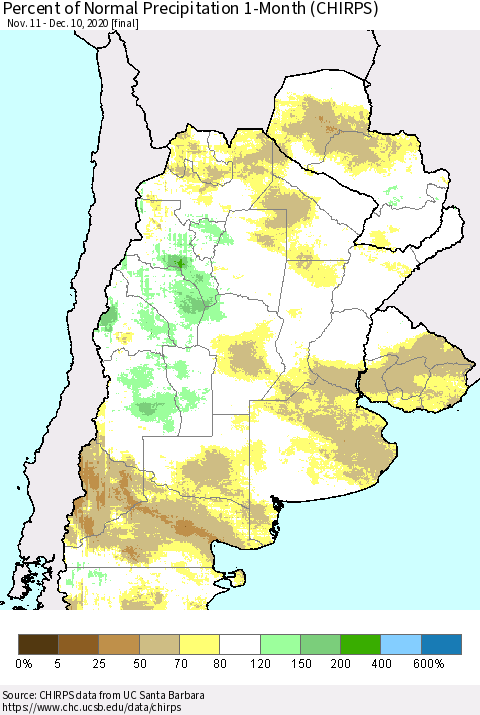 Southern South America Percent of Normal Precipitation 1-Month (CHIRPS) Thematic Map For 11/11/2020 - 12/10/2020