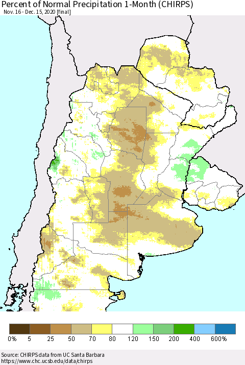 Southern South America Percent of Normal Precipitation 1-Month (CHIRPS) Thematic Map For 11/16/2020 - 12/15/2020