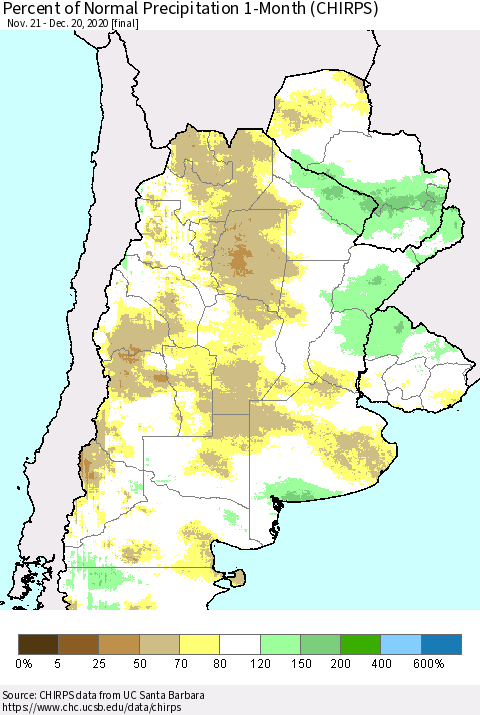 Southern South America Percent of Normal Precipitation 1-Month (CHIRPS) Thematic Map For 11/21/2020 - 12/20/2020